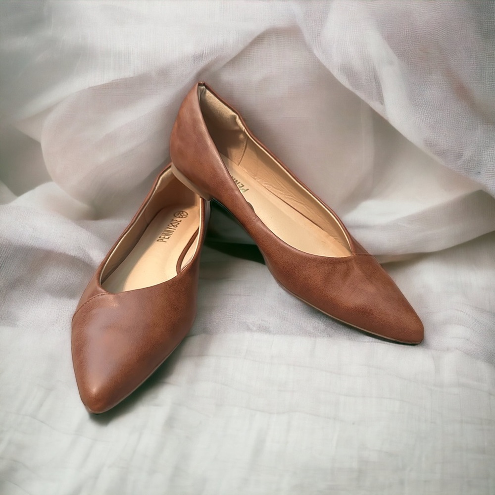 Brown Faux Leather Pointed-Toe Flats